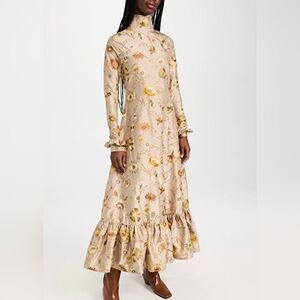 HOUSE OF AAMA Elegant Floral Beige Silk Dress With Floral Embroidery Size 6